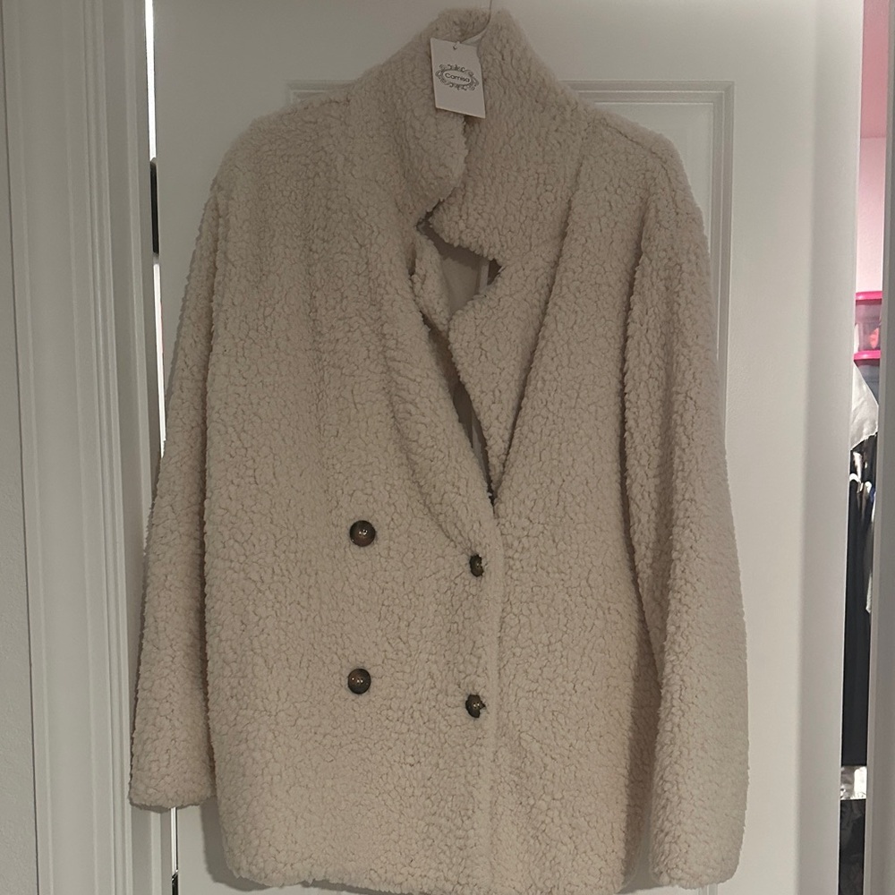 Double-Breasted Teddy Coat in Cream by Unbranded
